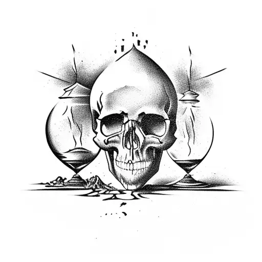 gothic hourglass with all sand in the bottom on top of skull tattoo design idea