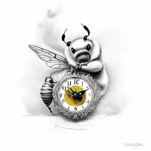 cherub riding a bumble bee holding a honeycombe clock tattoo design idea