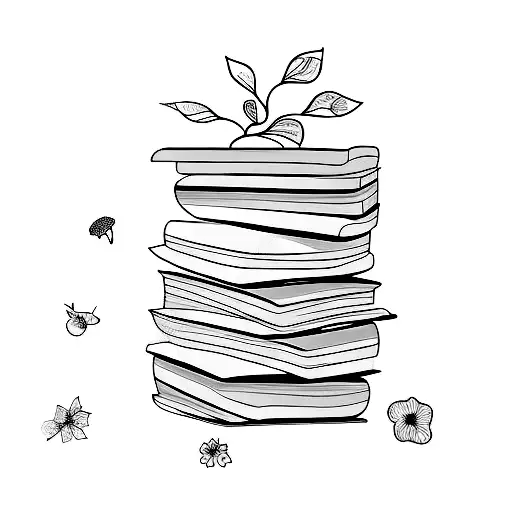 A stack of books with blooming flowers growing out of them tattoo design idea