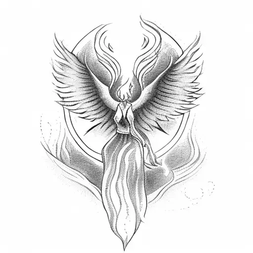 A witch holding a tarot card depicting a fiery phoenix rising from ashes tattoo design idea