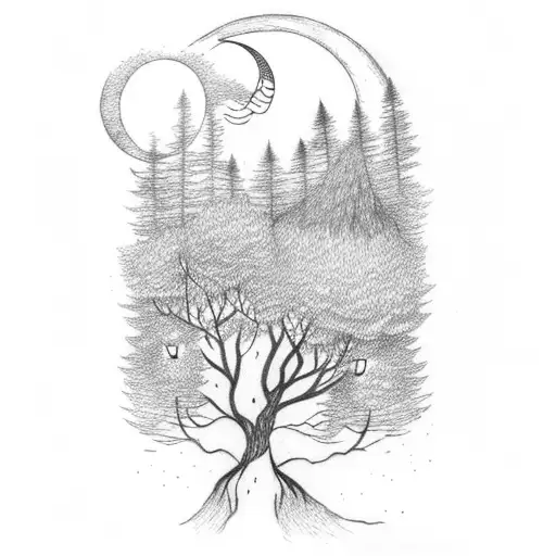 A moonlit forest with a witch flying on a broomstick tattoo design idea