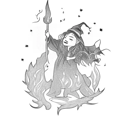 A witch casting a spell with fire and surrounded by nature tattoo design idea
