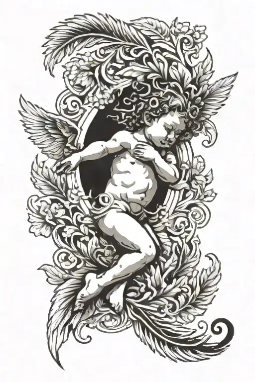 cherub with maroi silver fern surround tattoo design idea
