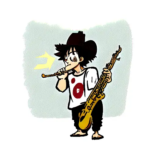 grizzly bear(wearing  clothes like Luffy from one piece)playing the saxophone  tattoo design idea