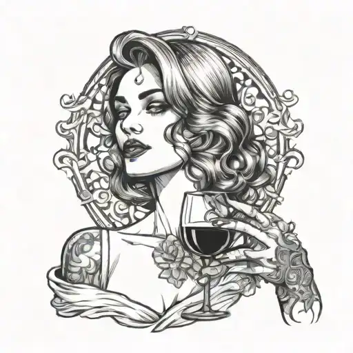 A tattoo design of a woman holding a glass of wine and a cigarette, representing your admiration for women who enjoy the finer things in life tattoo design idea