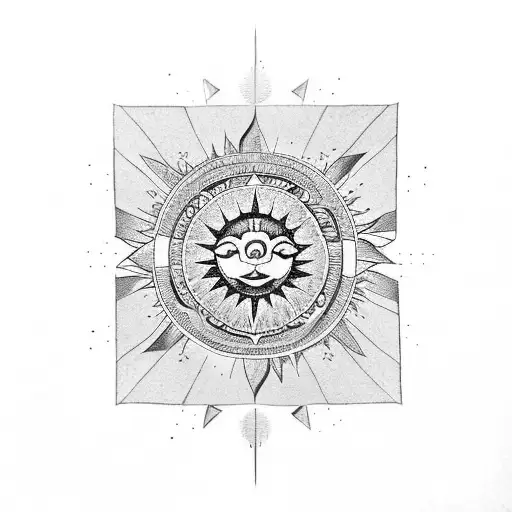 A stylized sun with traditional Filipino patterns in dotwork style tattoo design idea