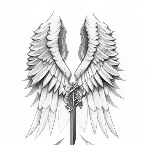 angel wings with sword and cross tattoo design idea