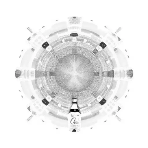 A circular design featuring a Cruzcampo beer bottle in the center, surrounded by a carnival whistle and a fan. The sunset extends in the background with warm and soft tones blending in the horizon. The main elements of the design, like the beer bottle, carnival whistle, and fan, are decorated with subtle colors to highlight certain details, while the rest of the design remains in black and white with fine lines to maintain elegance and visual cohesion. tattoo design idea