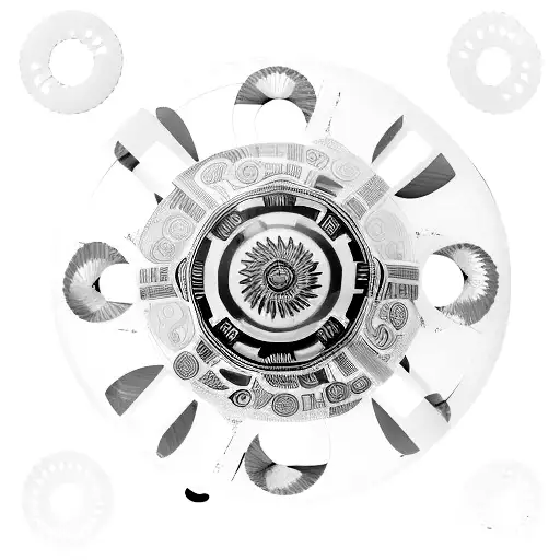 A circular design featuring a Cruzcampo beer bottle in the center, surrounded by a carnival whistle and a fan. The sunset extends in the background with warm and soft tones blending in the horizon. The main elements of the design, like the beer bottle, carnival whistle, and fan, are decorated with subtle colors to highlight certain details, while the rest of the design remains in black and white with fine lines to maintain elegance and visual cohesion. tattoo design idea