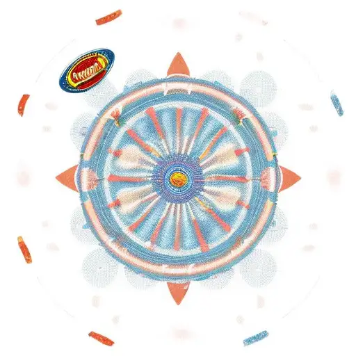 A circular design featuring a Cruzcampo beer bottle in the center, surrounded by a carnival whistle and a fan. The sunset extends in the background with warm and soft tones blending in the horizon. The main elements of the design, like the beer bottle, carnival whistle, and fan, are decorated with subtle colors to highlight certain details, while the rest of the design remains in black and white with fine lines to maintain elegance and visual cohesion. tattoo design idea