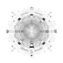 A circular design featuring a Cruzcampo beer bottle in the center, surrounded by a carnival whistle and a fan. The sunset extends in the background with warm and soft tones blending in the horizon. The main elements of the design, like the beer bottle, carnival whistle, and fan, are decorated with subtle colors to highlight certain details, while the rest of the design remains in black and white with fine lines to maintain elegance and visual cohesion. tattoo design idea