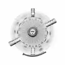 A circular design featuring a Cruzcampo beer bottle in the center, surrounded by a carnival whistle and a fan. The sunset extends in the background with warm and soft tones blending in the horizon. The main elements of the design, like the beer bottle, carnival whistle, and fan, are decorated with subtle colors to highlight certain details, while the rest of the design remains in black and white with fine lines to maintain elegance and visual cohesion. tattoo design idea