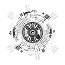 A circular design featuring a Cruzcampo beer bottle in the center, surrounded by a carnival whistle and a fan. The sunset extends in the background with warm and soft tones blending in the horizon. The main elements of the design, like the beer bottle, carnival whistle, and fan, are decorated with subtle colors to highlight certain details, while the rest of the design remains in black and white with fine lines to maintain elegance and visual cohesion. tattoo design idea