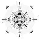 A circular design featuring a Cruzcampo beer bottle in the center, surrounded by a carnival whistle and a fan. The sunset extends in the background with warm and soft tones blending in the horizon. The main elements of the design, like the beer bottle, carnival whistle, and fan, are decorated with subtle colors to highlight certain details, while the rest of the design remains in black and white with fine lines to maintain elegance and visual cohesion. tattoo design idea