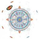 A circular design featuring a Cruzcampo beer bottle in the center, surrounded by a carnival whistle and a fan. The sunset extends in the background with warm and soft tones blending in the horizon. The main elements of the design, like the beer bottle, carnival whistle, and fan, are decorated with subtle colors to highlight certain details, while the rest of the design remains in black and white with fine lines to maintain elegance and visual cohesion. tattoo design idea