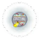 A circular design featuring a Cruzcampo beer bottle in the center, surrounded by a carnival whistle and a fan. The sunset extends in the background with warm and soft tones blending in the horizon. The main elements of the design, like the beer bottle, carnival whistle, and fan, are decorated with subtle colors to highlight certain details, while the rest of the design remains in black and white with fine lines to maintain elegance and visual cohesion. tattoo design idea