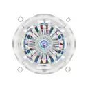 A circular design featuring a Cruzcampo beer bottle in the center, surrounded by a carnival whistle and a fan. The sunset extends in the background with warm and soft tones blending in the horizon. The main elements of the design, like the beer bottle, carnival whistle, and fan, are decorated with subtle colors to highlight certain details, while the rest of the design remains in black and white with fine lines to maintain elegance and visual cohesion. tattoo design idea