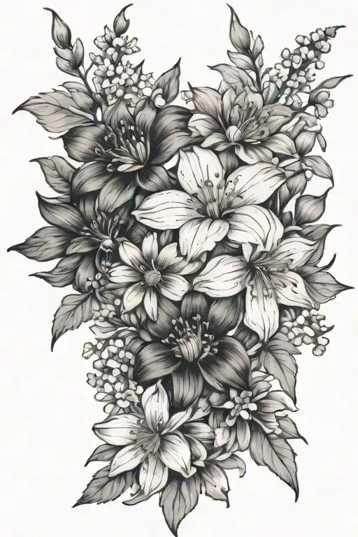 birth flowers larkspur daisy daffodil cosmos chrysanthemum tattoo design idea