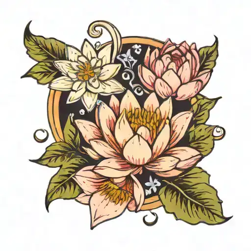 A traditional style tattoo featuring a water lily, larkspur, and snowdrop with a crescent moon in the background tattoo design idea