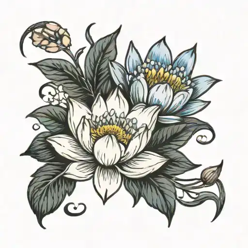 A traditional style tattoo featuring a water lily, larkspur, and snowdrop with a crescent moon in the background tattoo design idea