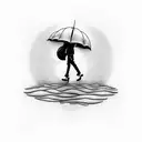 A silhouette of a person walking on a rainy day with a Pearl Jam lyric incorporated into the design tattoo design idea