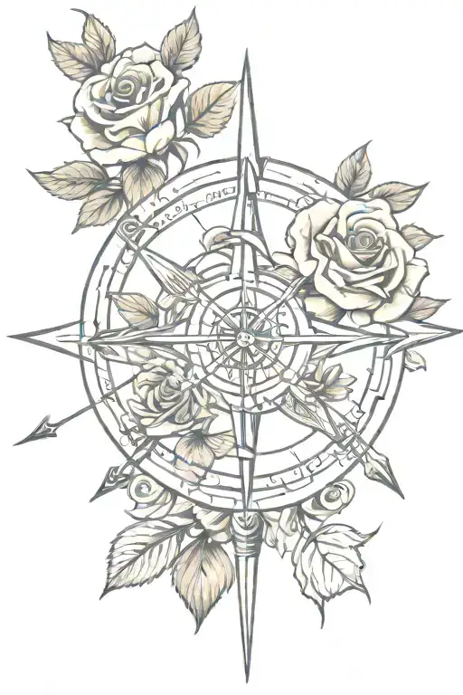 roses arrow compass rose intertwined tattoo design idea