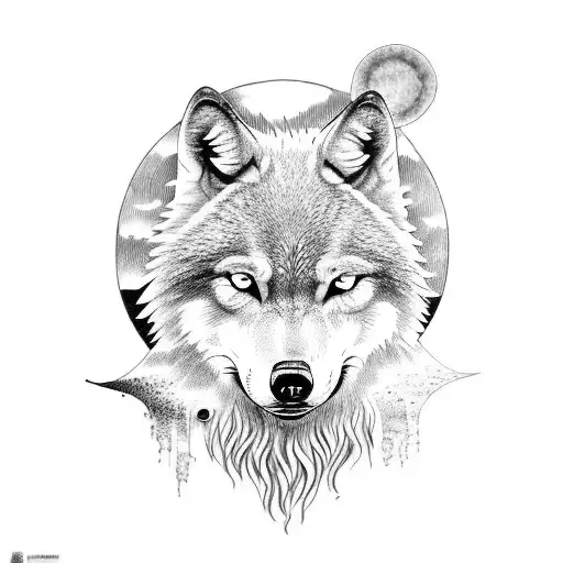 Tree of Life with two wolf and sun and moon tattoo design idea