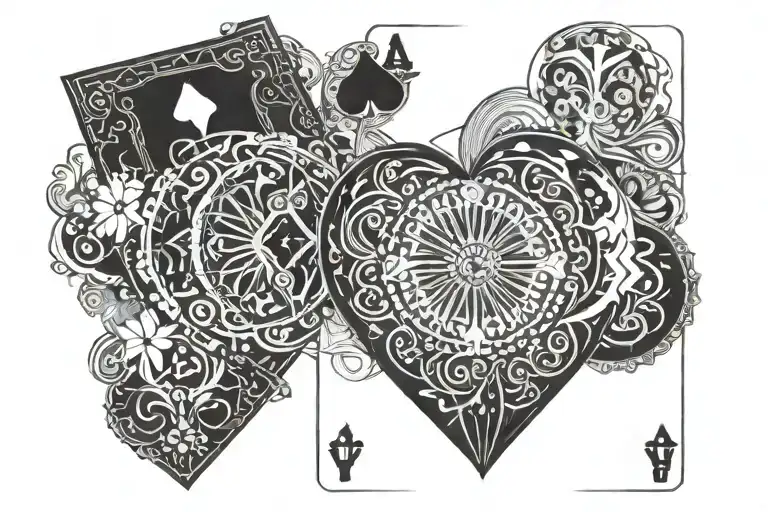 the word perspective and implements in it the poker deck with the cards 2 and 7 and a black heart tattoo design idea
