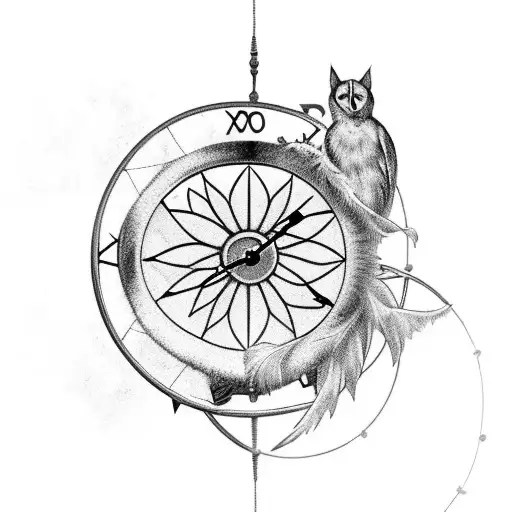 hourglass shaped dreamcatcher with broken clock tattoo design idea