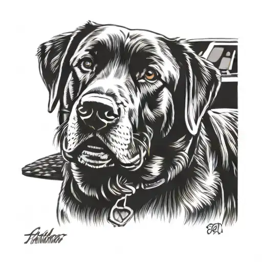 Labrador retriever sitting beside a Camaro zl1 tattoo design idea