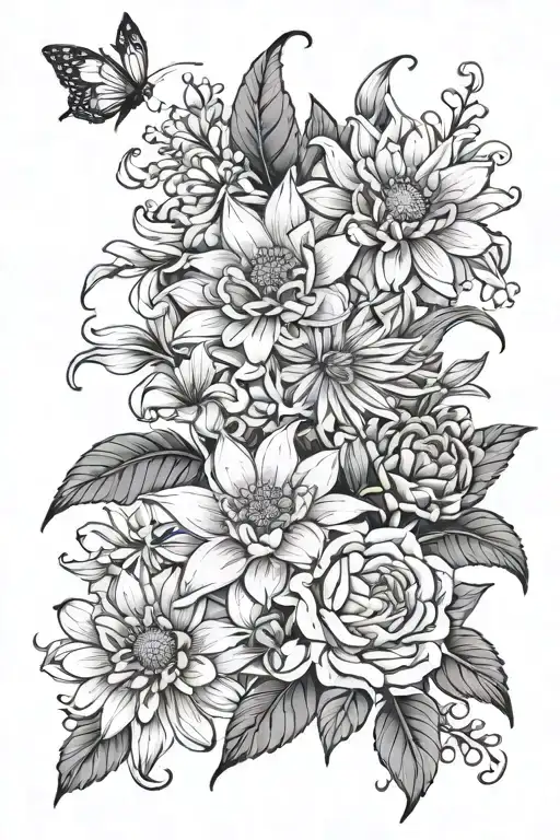 black and white tattoo with daisys, lily of the valley, rose, chrysanthemum, marigold, hidden cursive letters jb tattoo design idea