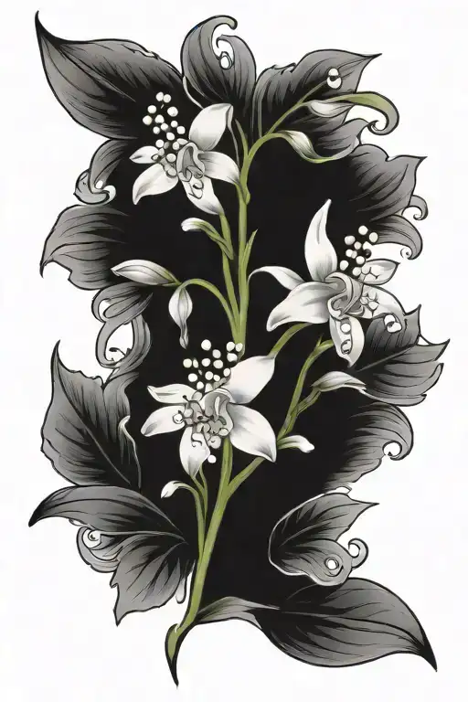 black and white tattoo with daisys, lily of the valley, with a hidden cursive "jb" tattoo design idea
