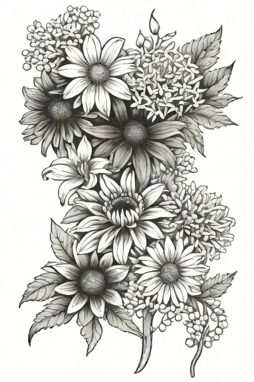 black and white daisy, lily of the valley, marigold, chrysanthemum  tattoo design idea