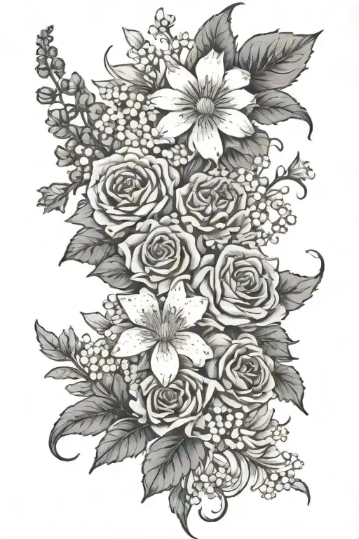black and white tattoo with daisys, lily of the valley, roses, marigolds, and chrysanthemums, with a hidden "jb" tattoo design idea