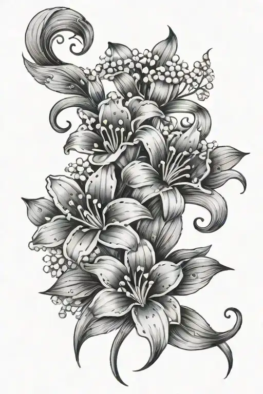 black and white tattoo with daisys, lily of the valley, with a small cursive "jb" tattoo design idea