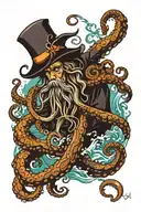 Davy Jones struggling to swim to the ocean surface being pulled underwater by octopus tattoo design idea