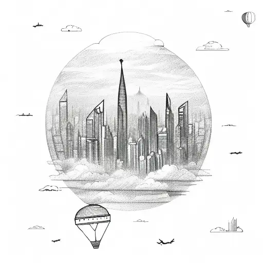 A sketch-style hot air balloon soaring above a city skyline, symbolizing the thrill of exploration and new experiences tattoo design idea