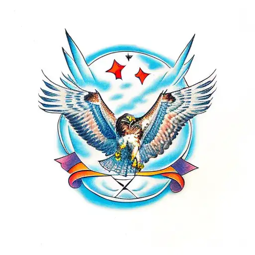 red tailed hawk with wings up clutching a banner that says AD ASTRA tattoo design idea