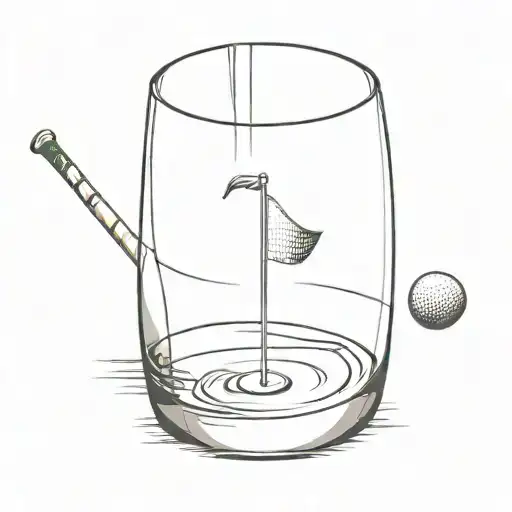 A half-empty glass with a golf flag sticking out of it, representing the client's glass half empty mindset and passion for golf tattoo design idea