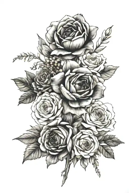 bouquet of September, December, February, June, August, May, and November birth flowers tattoo design idea