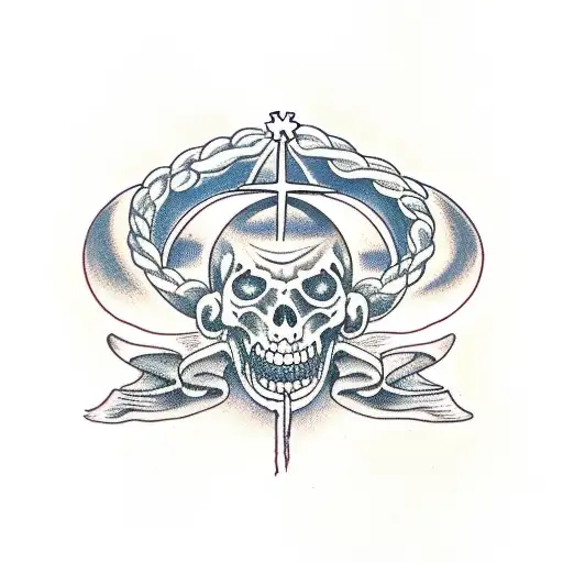 the embodiment of the three sins lust pride and anger over the church with halos over their heads tattoo design idea