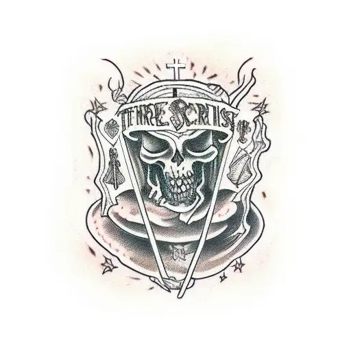 the embodiment of the three sins lust pride and anger over the church with halos over their heads tattoo design idea