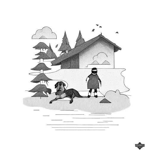 foreground dock with child and dog and background with lake and forest tattoo design idea