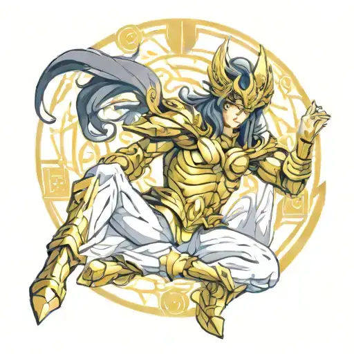 Shaka, the Gold Saint of Virgo from the *Saint Seiya* series. regal pose, seated gracefully on an abstract, ethereal lot tattoo design idea