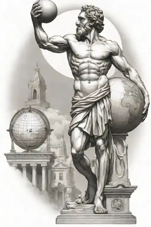Greek statue of Atlas holding up the Globe surrounded by Greek buildings tattoo design idea
