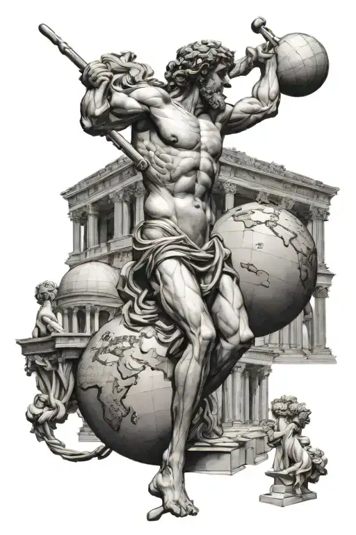 Greek statue of Atlas holding up the Globe surrounded by Greek buildings tattoo design idea
