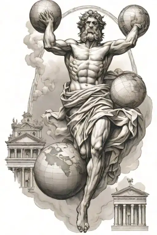 Greek statue of Atlas holding up the Globe surrounded by Greek buildings tattoo design idea