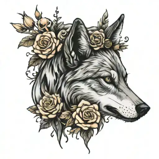 wolf on girls head like crown and skull at the bottom girl look like evil and the background is covered by flowers  tattoo design idea