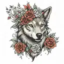 wolf on girls head like crown and skull at the bottom girl look like evil and the background is covered by flowers  tattoo design idea