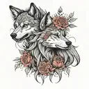 wolf on girls head like crown and skull at the bottom girl look like evil and the background is covered by flowers  tattoo design idea